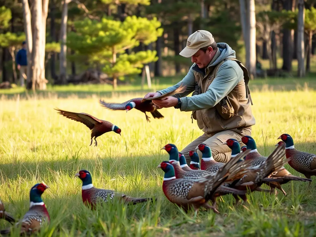 A wildlife biologist releasing a group of pheasants into a managed hunting area as part of a species restocking program.