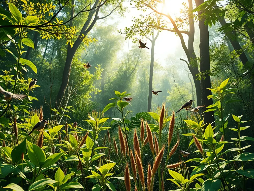 A group of hunters participating in a habitat restoration project, planting trees and clearing brush to improve wildlife habitat.